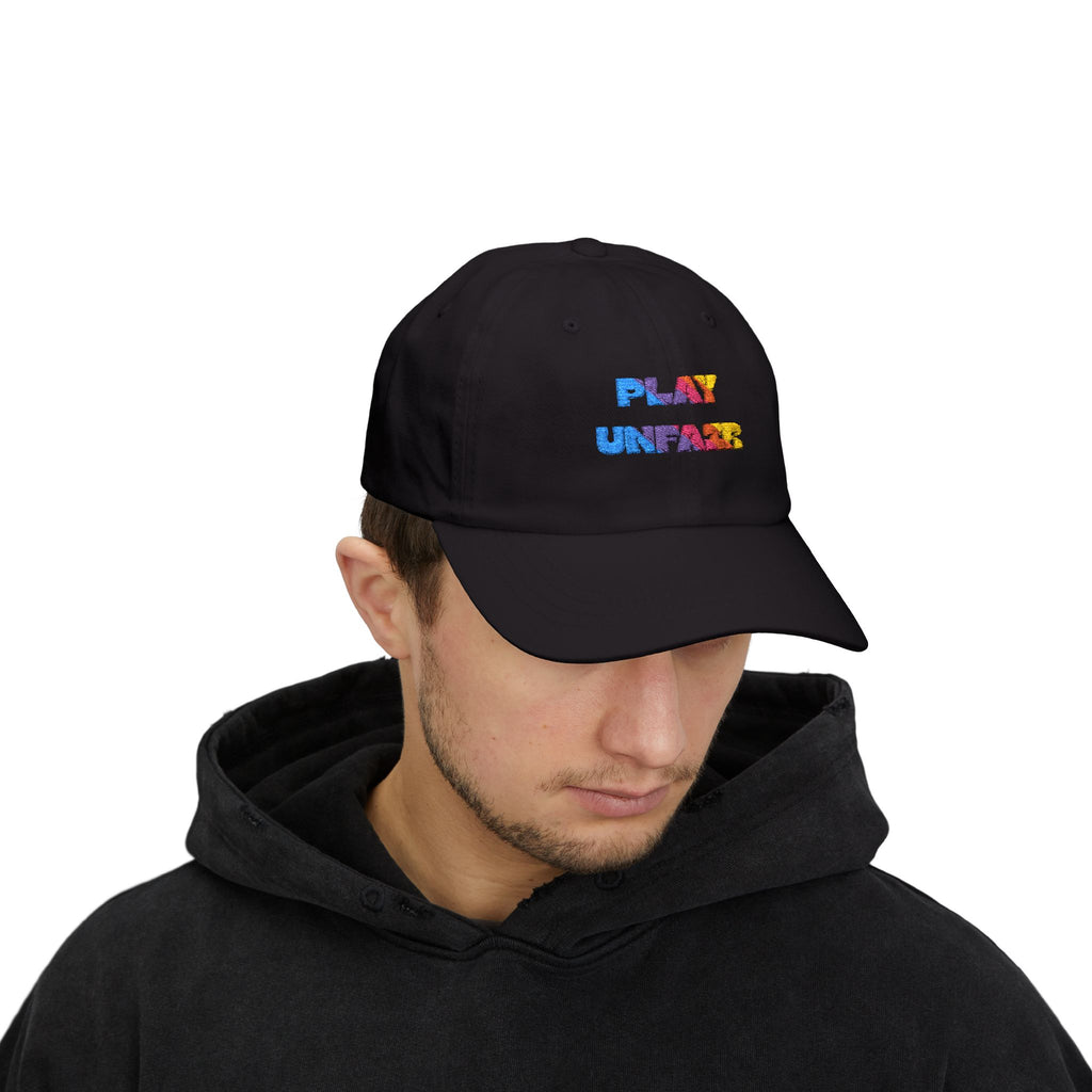 Boys and Girls Ladies and Gents "Play Unfair" Colorful Glitter Text Embroidered Baseball Hat