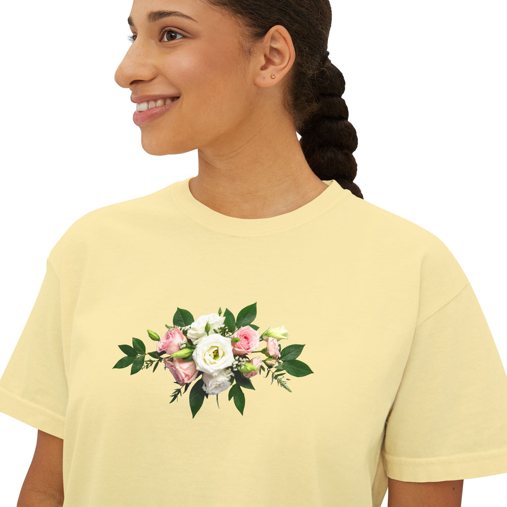 Floral Bouquet Women's Boxy Tee — Cropped White T-Shirt with Pink Rose Design