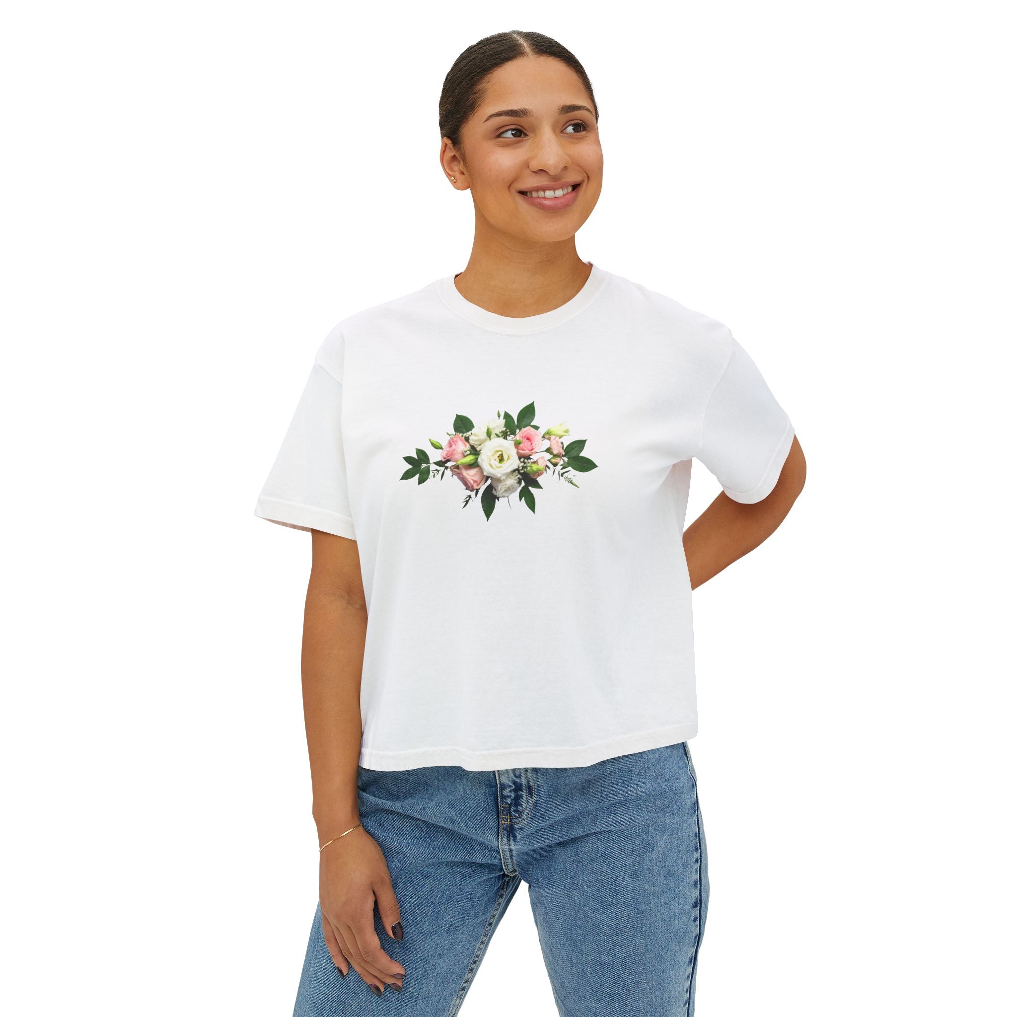 Floral Bouquet Women's Boxy Tee — Cropped White T-Shirt with Pink Rose Design