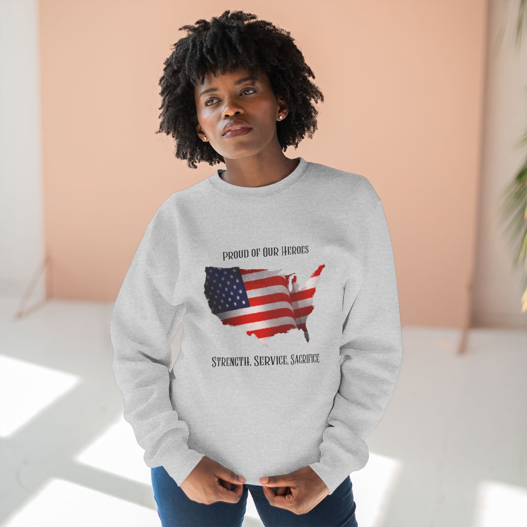Patriotic USA Map Sweatshirt — "Proud of Our Heroes: Strength. Service. Sacrifice."