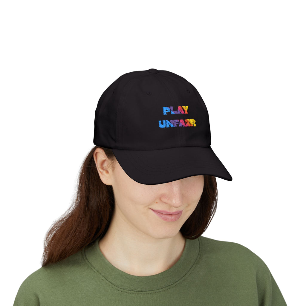 Boys and Girls Ladies and Gents "Play Unfair" Colorful Glitter Text Embroidered Baseball Hat