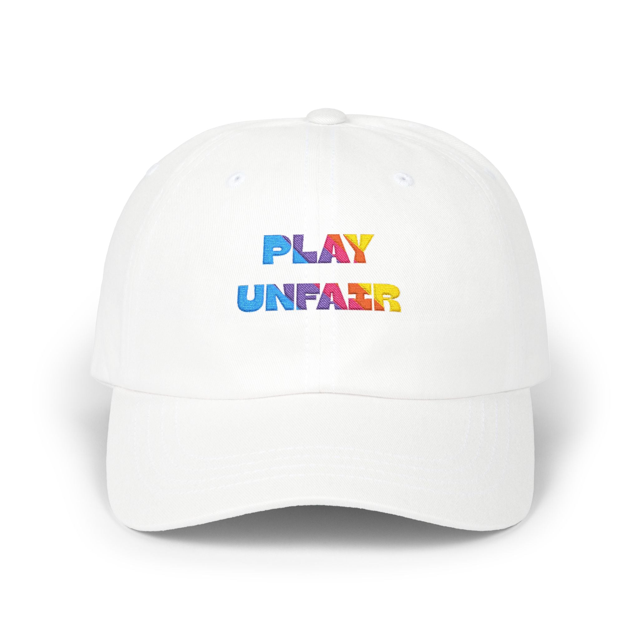 Boys and Girls Ladies and Gents "Play Unfair" Colorful Glitter Text Embroidered Baseball Hat