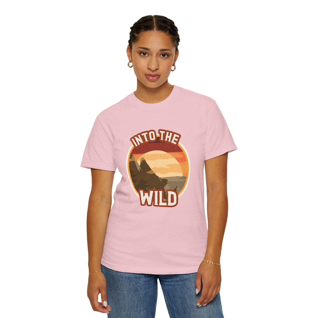 Into The Wild T-Shirt — Retro Sunset Mountain Adventure Tee