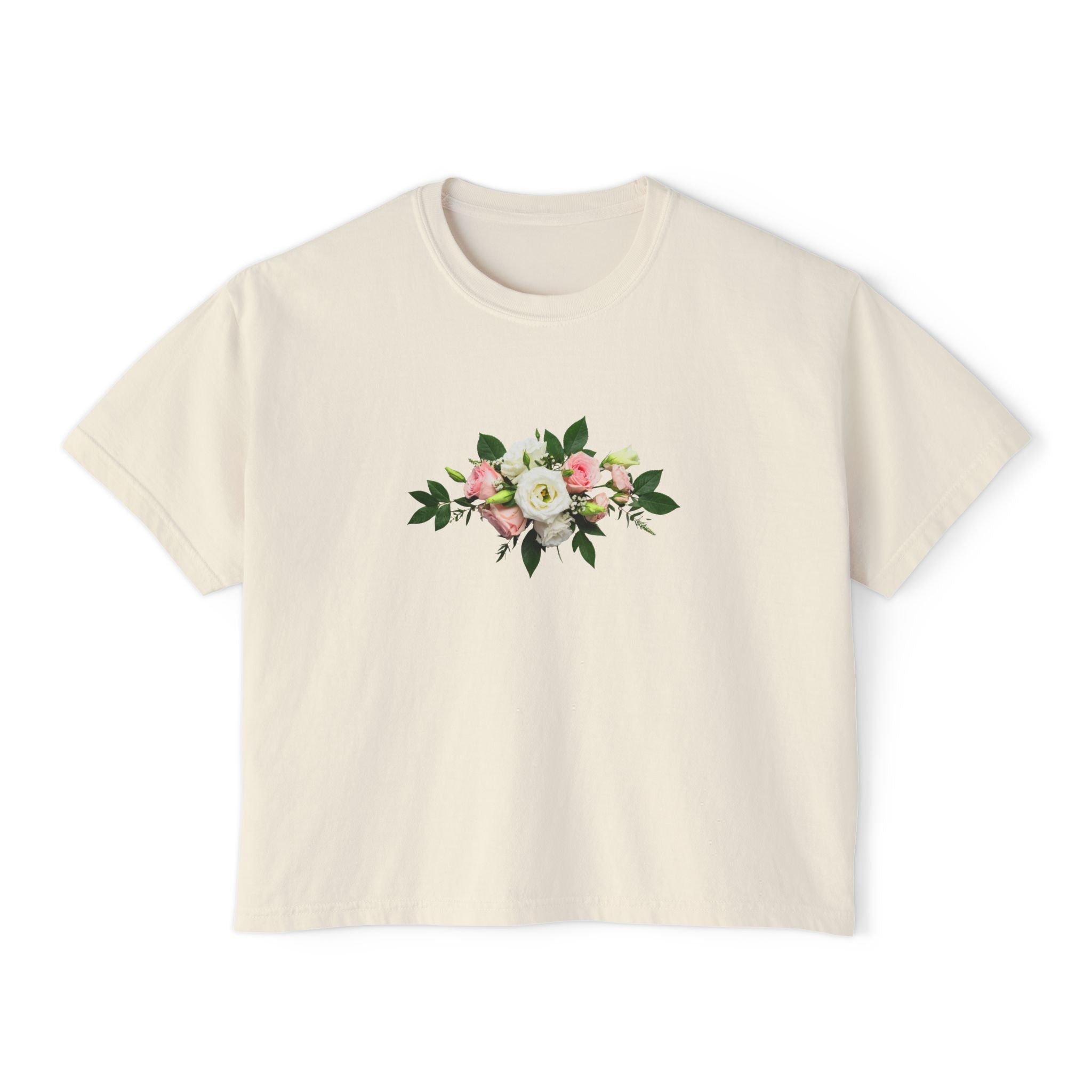 Floral Bouquet Women's Boxy Tee — Cropped White T-Shirt with Pink Rose Design