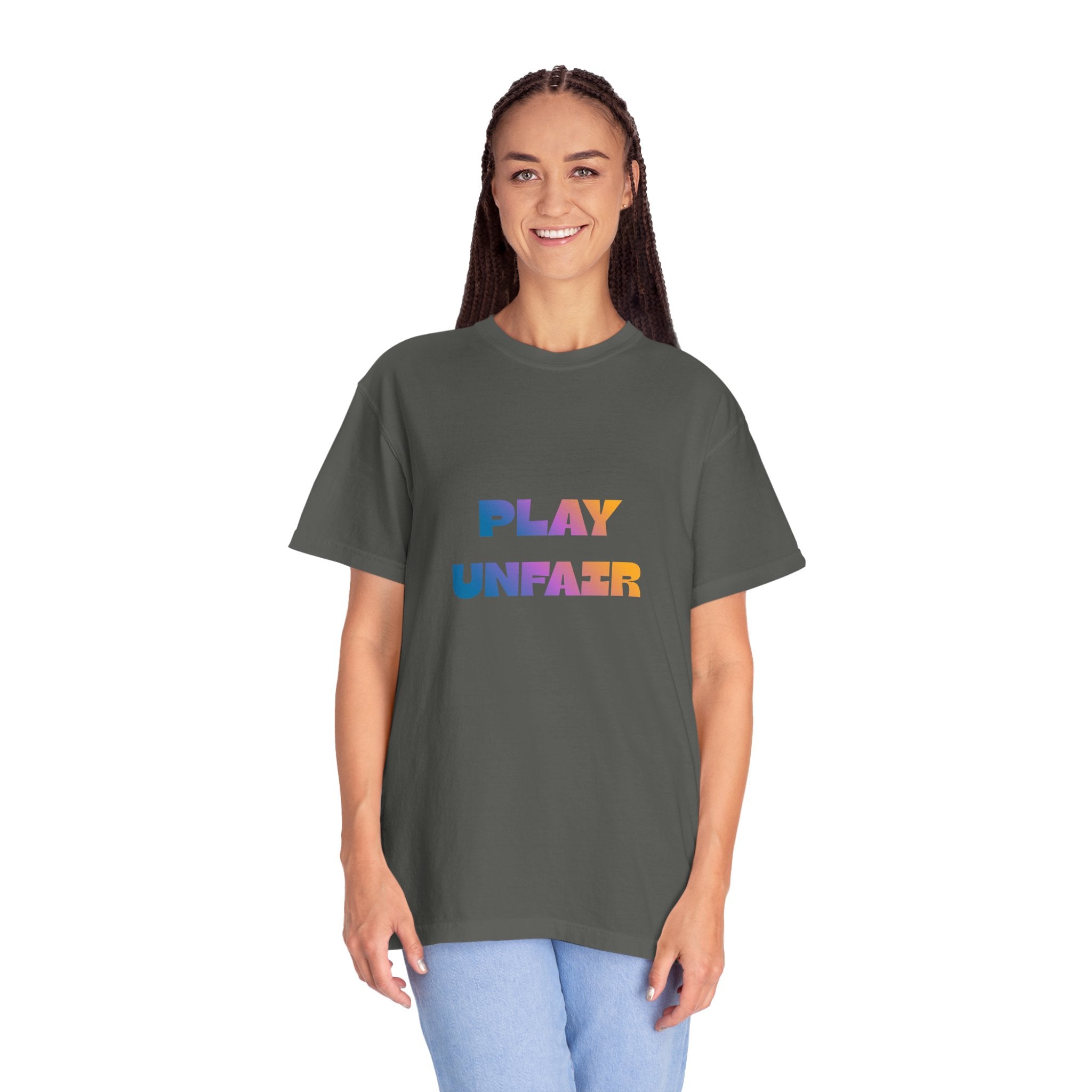 Play Unfair T-Shirt — Bold Rainbow Typography Tee