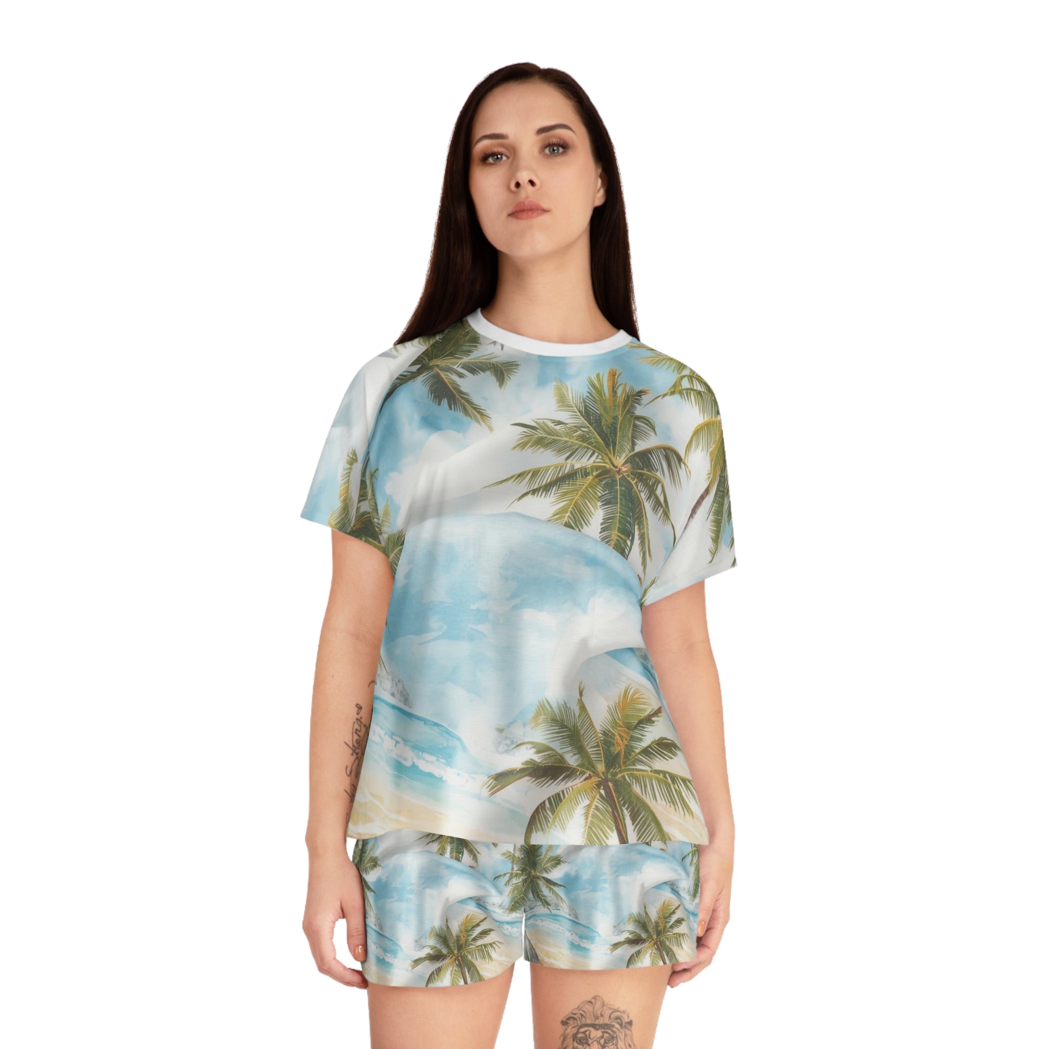 Tropical Palm Beach Women's Pajama Set – All-Over Print Short Lounge Set