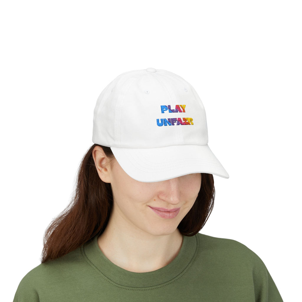 Boys and Girls Ladies and Gents "Play Unfair" Colorful Glitter Text Embroidered Baseball Hat