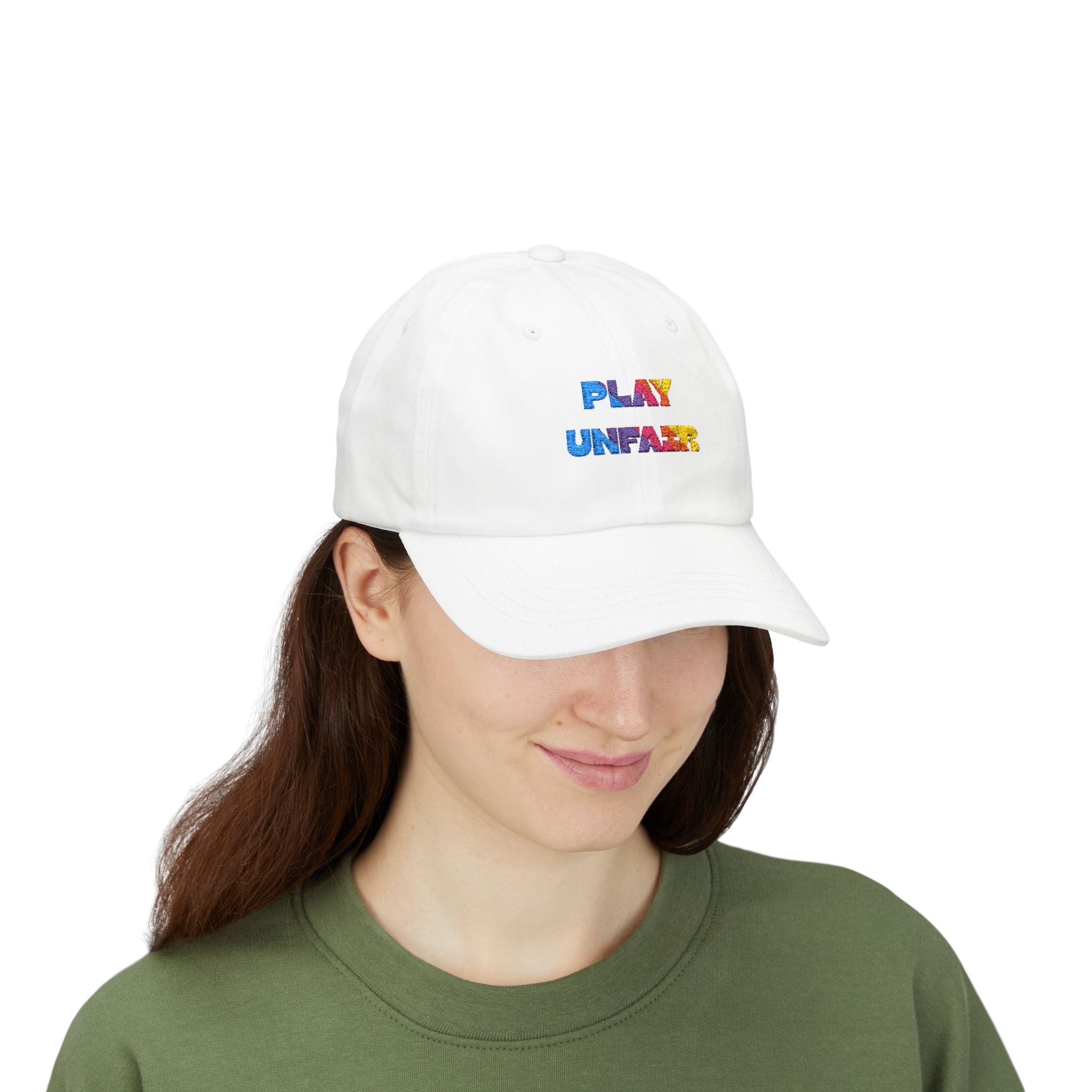 Boys and Girls Ladies and Gents "Play Unfair" Colorful Glitter Text Embroidered Baseball Hat