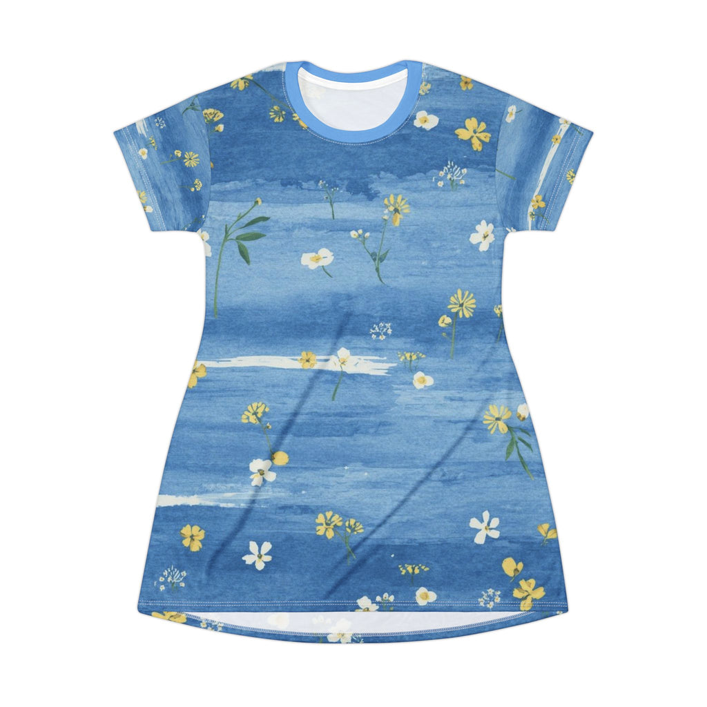 Blue Floral T-Shirt Dress — Watercolor Daisy All-Over Print, Casual Summer Dress