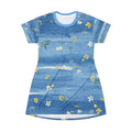 Blue Floral T-Shirt Dress — Watercolor Daisy All-Over Print, Casual Summer Dress