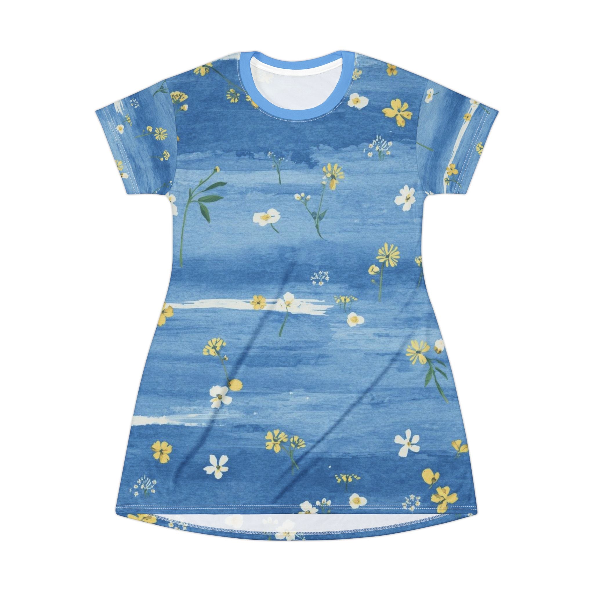 Blue Floral T-Shirt Dress — Watercolor Daisy All-Over Print, Casual Summer Dress