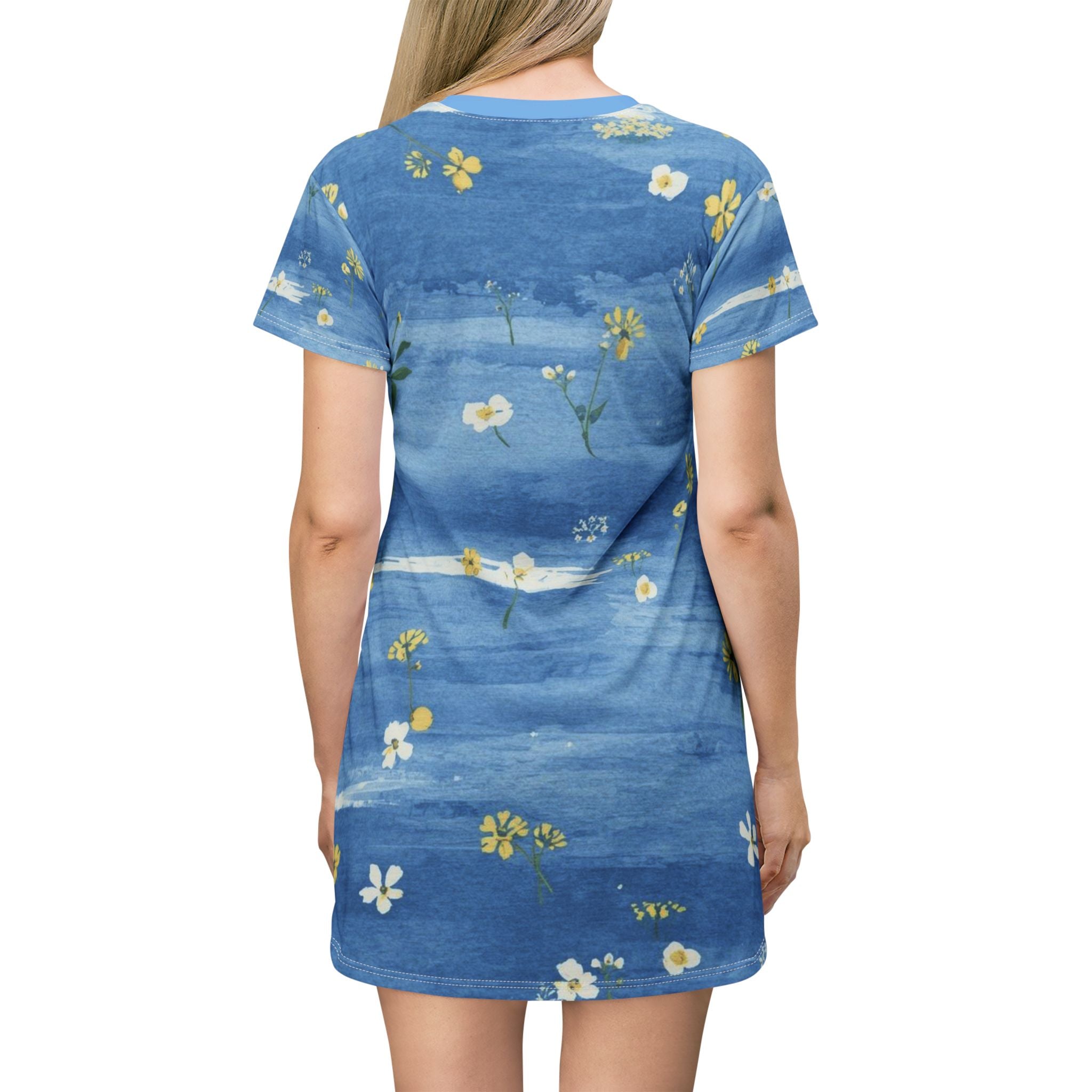 Blue Floral T-Shirt Dress — Watercolor Daisy All-Over Print, Casual Summer Dress