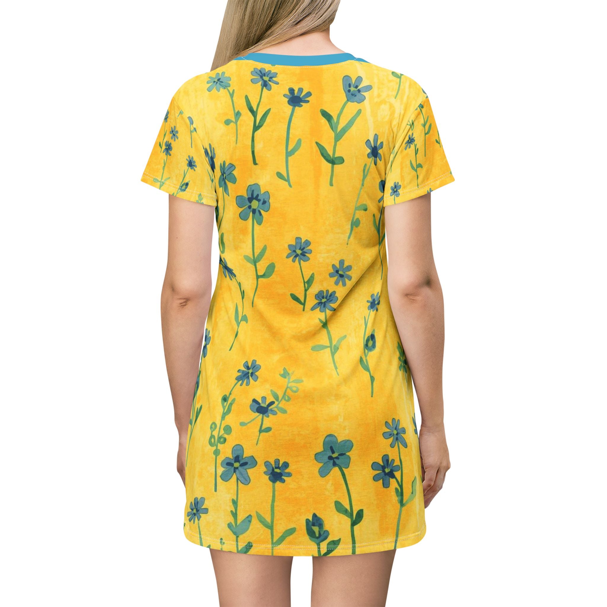 Floral Sunburst T‑Shirt Dress — Yellow Blue Wildflower Print
