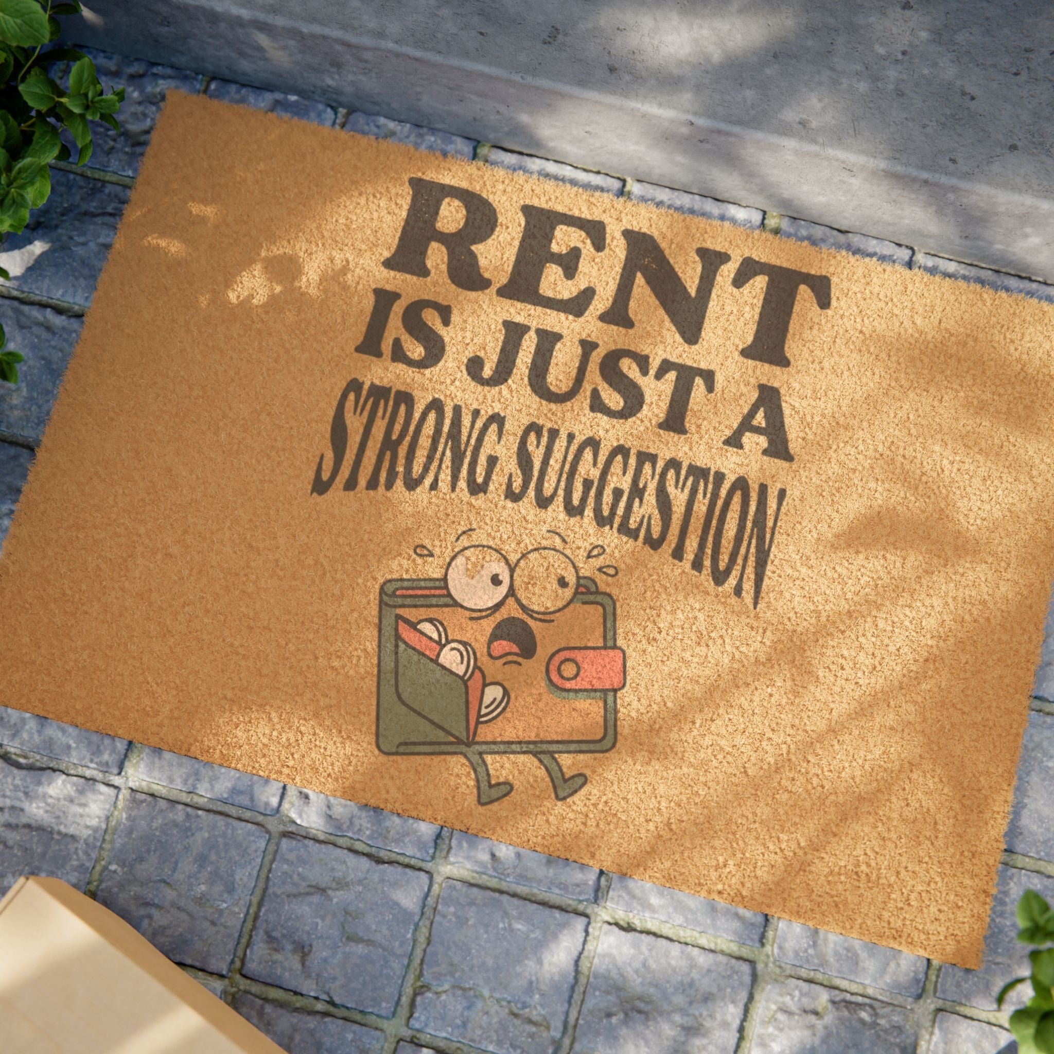 Doormat — "Rent Is Just a Strong Suggestion" Funny Welcome Mat with Cartoon Suitcase
