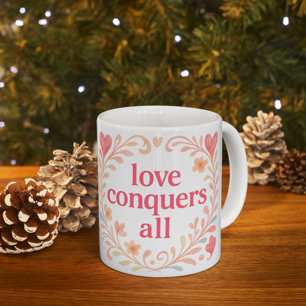 Love Conquers All Ceramic Mug — Floral Heart Inspirational Coffee Cup (11oz/15oz)