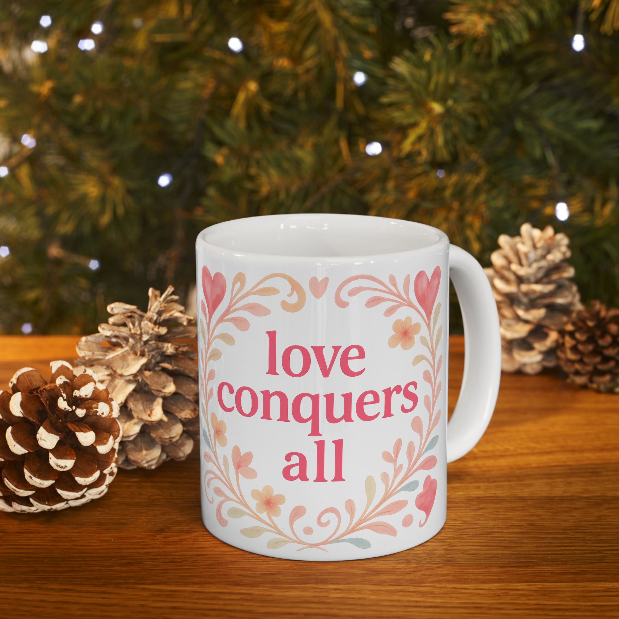 Love Conquers All Ceramic Mug — Floral Heart Inspirational Coffee Cup (11oz/15oz)