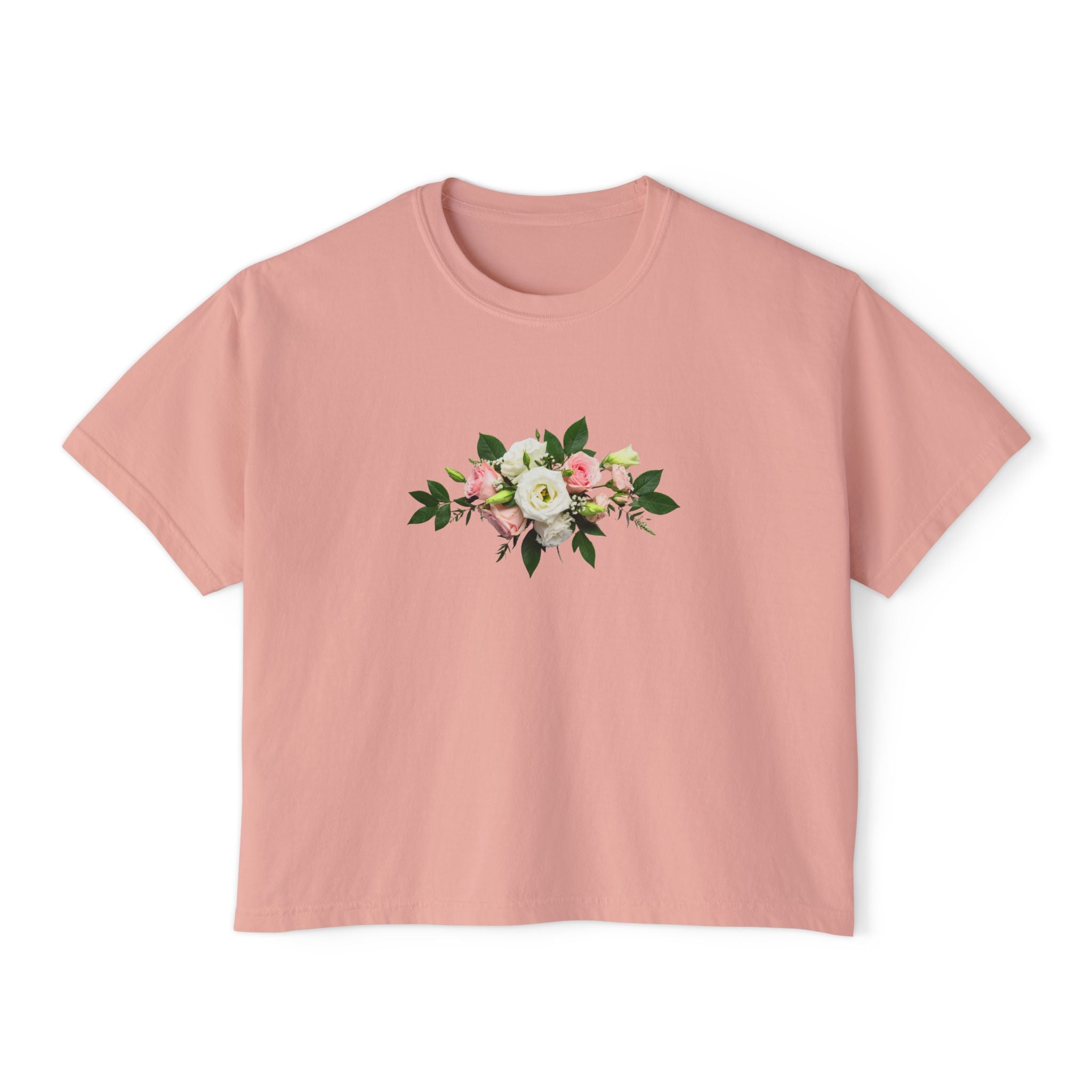 Floral Bouquet Women's Boxy Tee — Cropped White T-Shirt with Pink Rose Design