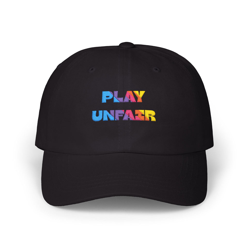 Boys and Girls Ladies and Gents "Play Unfair" Colorful Glitter Text Embroidered Baseball Hat