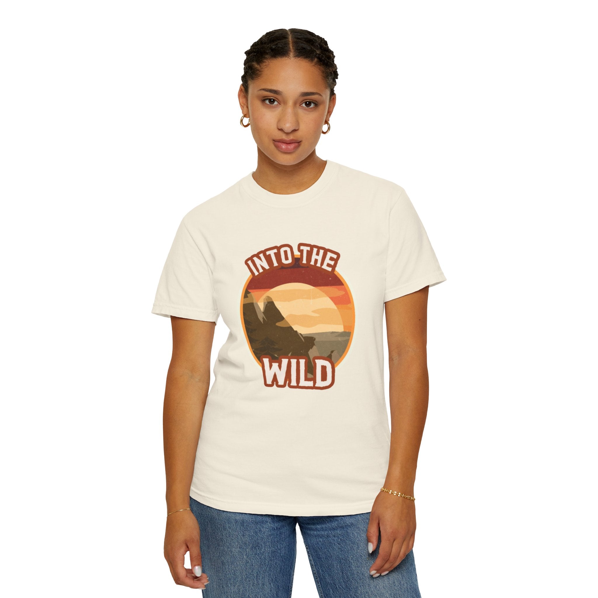 Into The Wild T-Shirt — Retro Sunset Mountain Adventure Tee