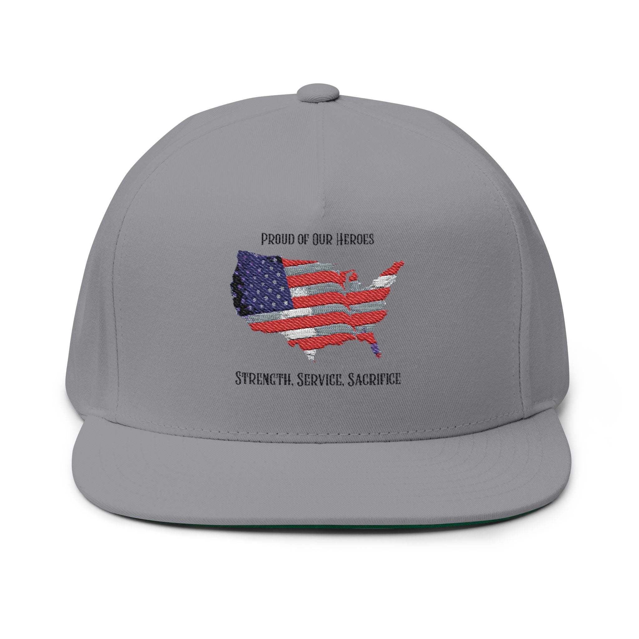 Embroidered USA Flag Map Flat Bill Cap — Strength Service Sacrifice