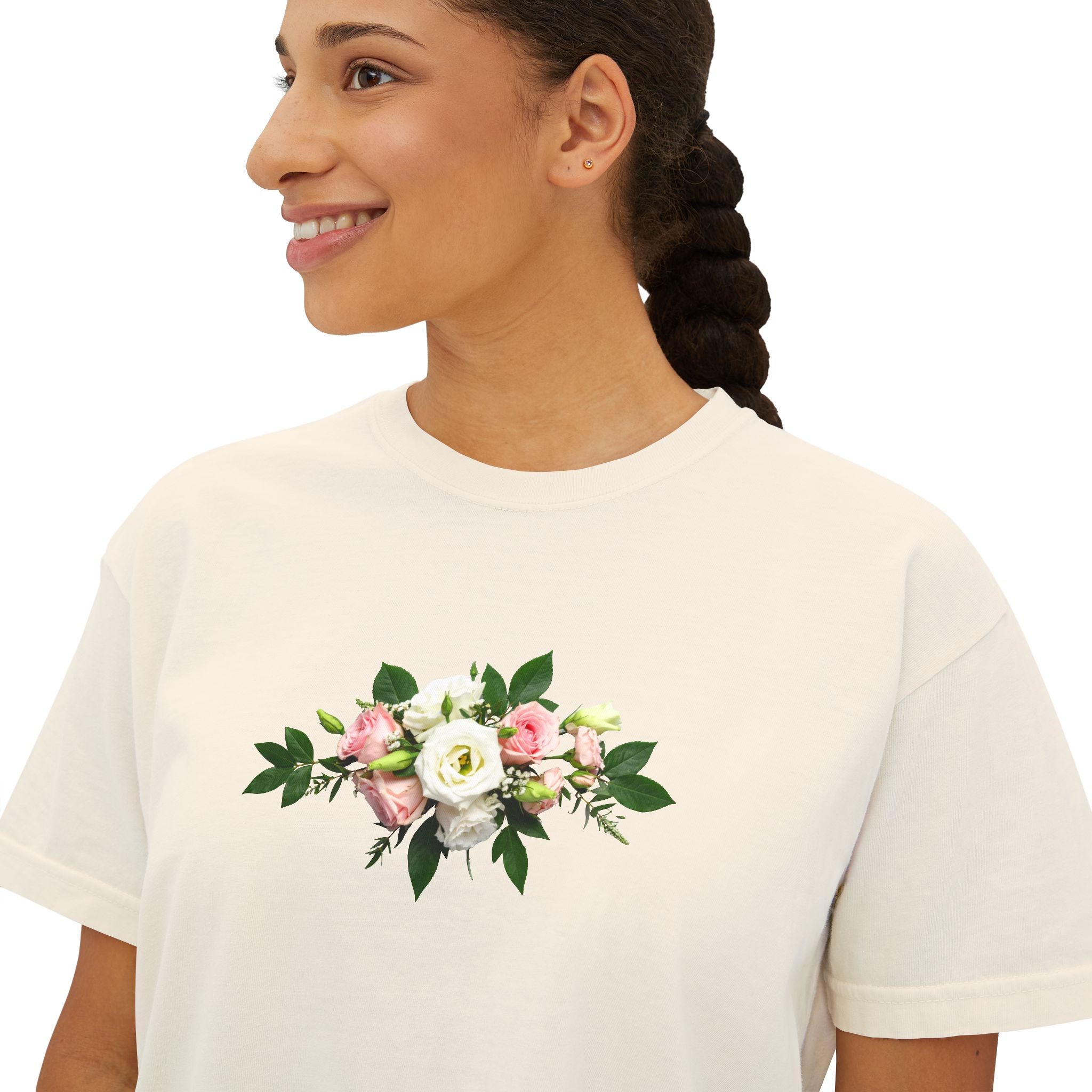 Floral Bouquet Women's Boxy Tee — Cropped White T-Shirt with Pink Rose Design