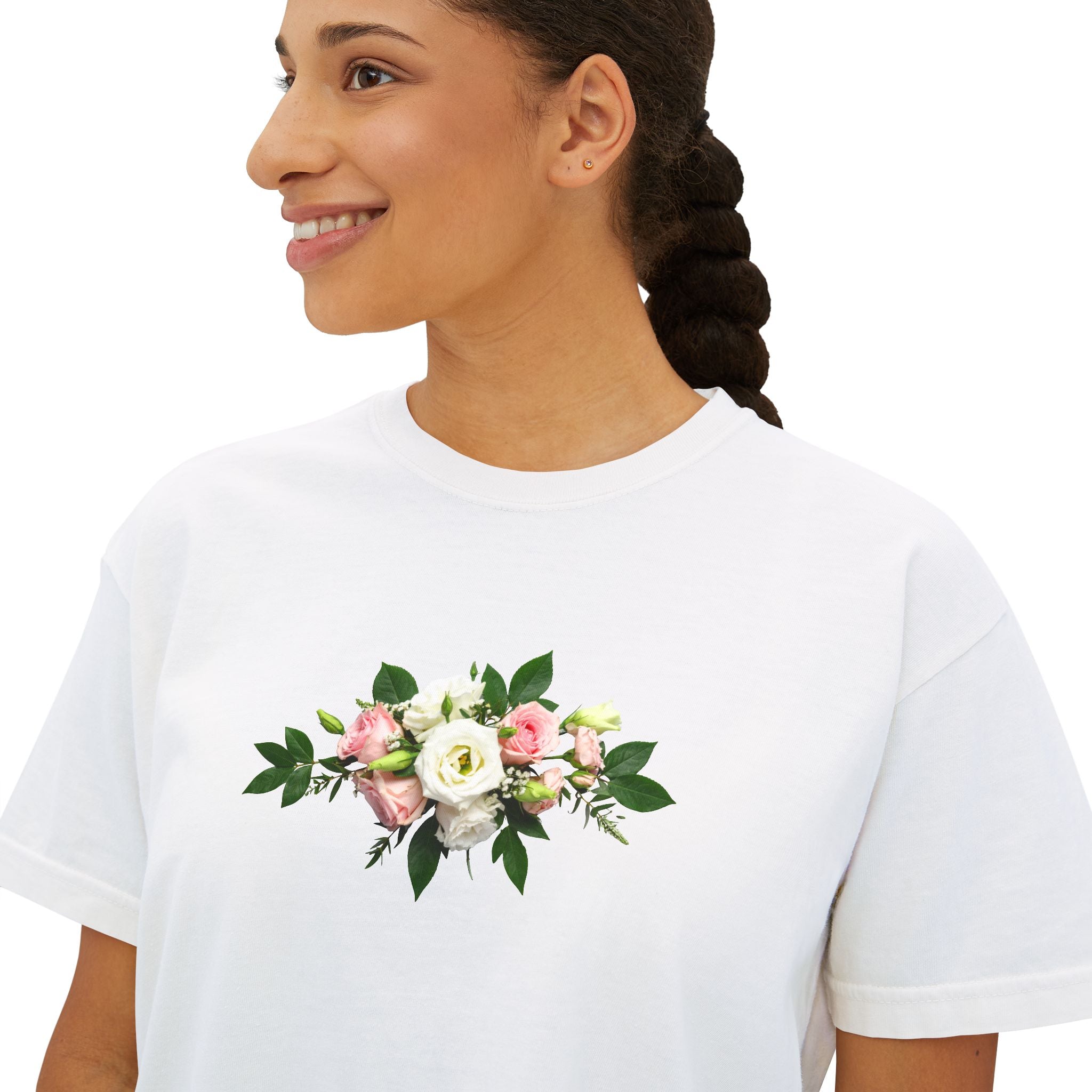 Floral Bouquet Women's Boxy Tee — Cropped White T-Shirt with Pink Rose Design