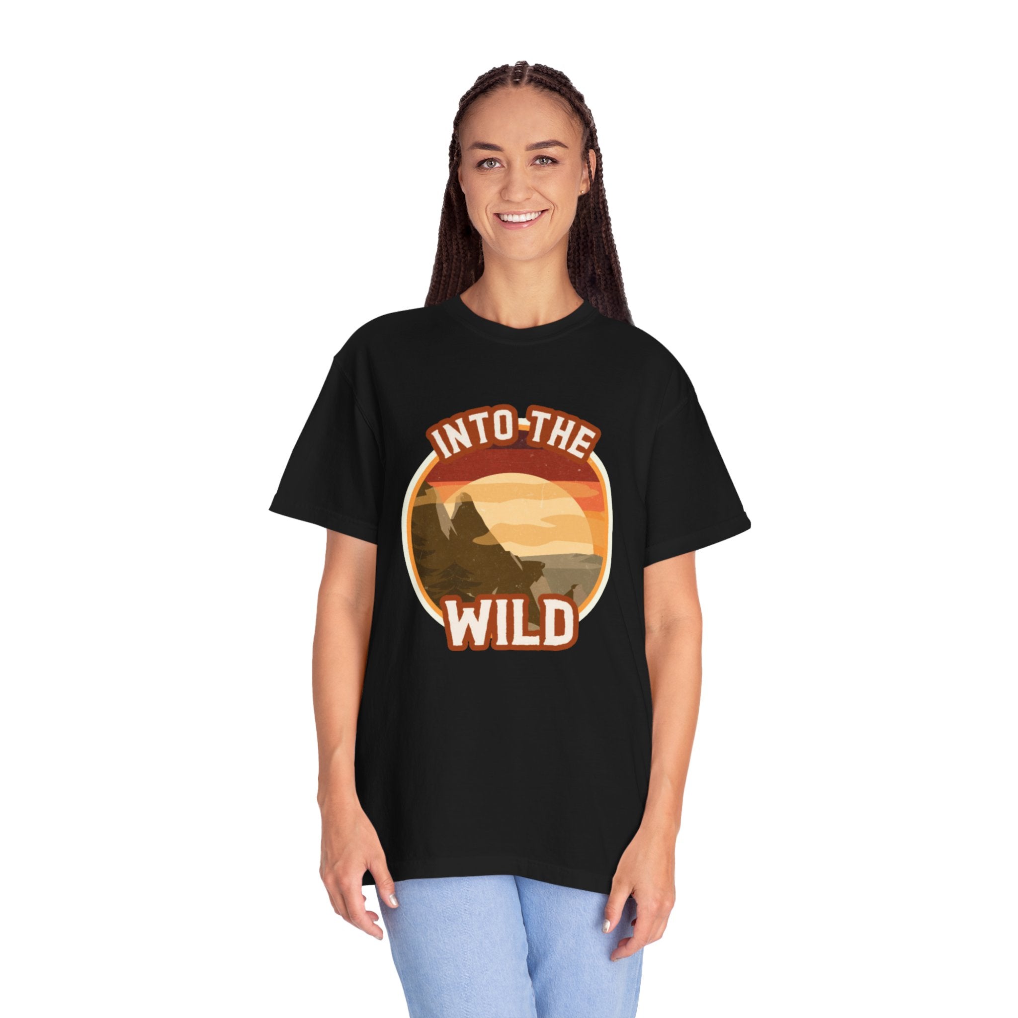 Into The Wild T-Shirt — Retro Sunset Mountain Adventure Tee