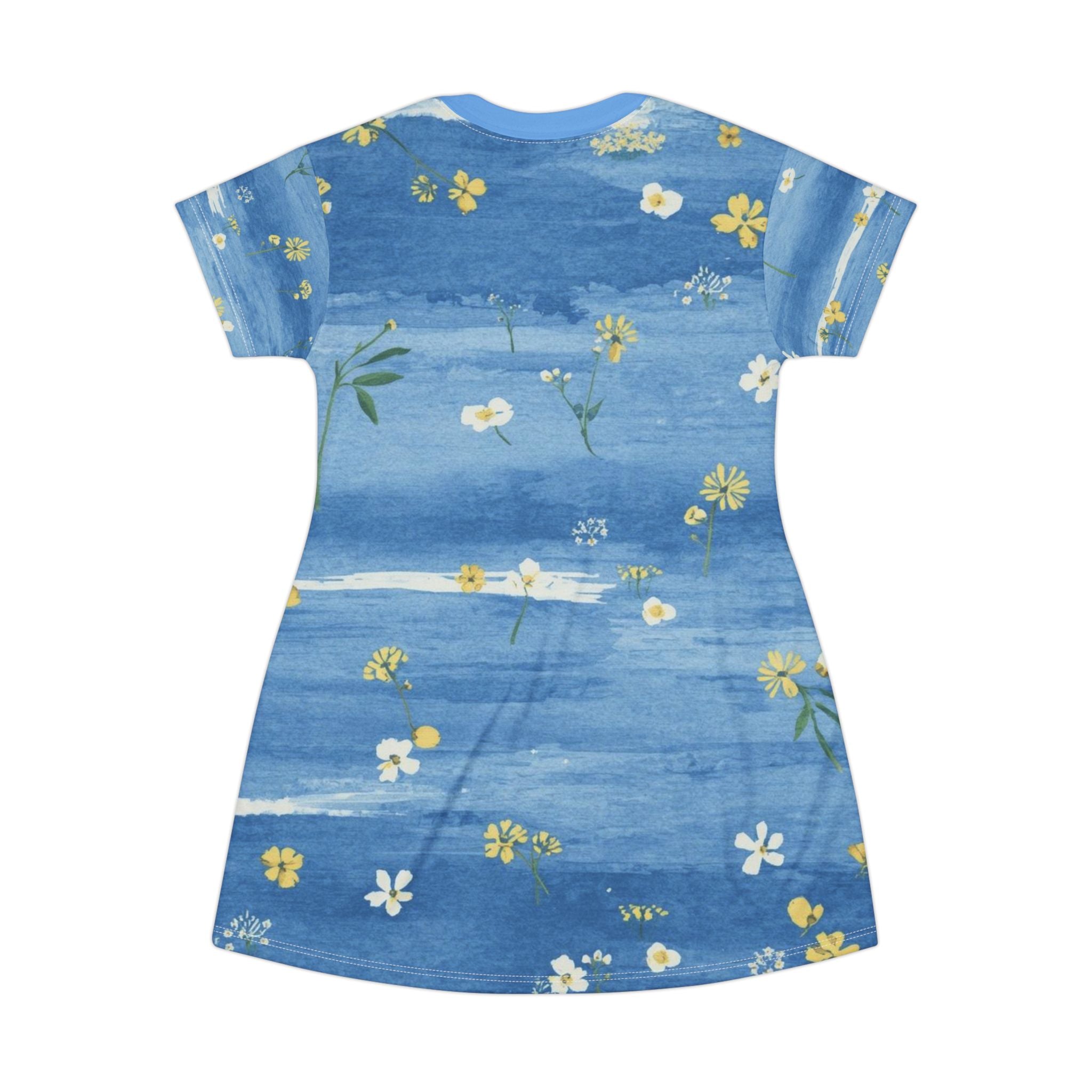 Blue Floral T-Shirt Dress — Watercolor Daisy All-Over Print, Casual Summer Dress