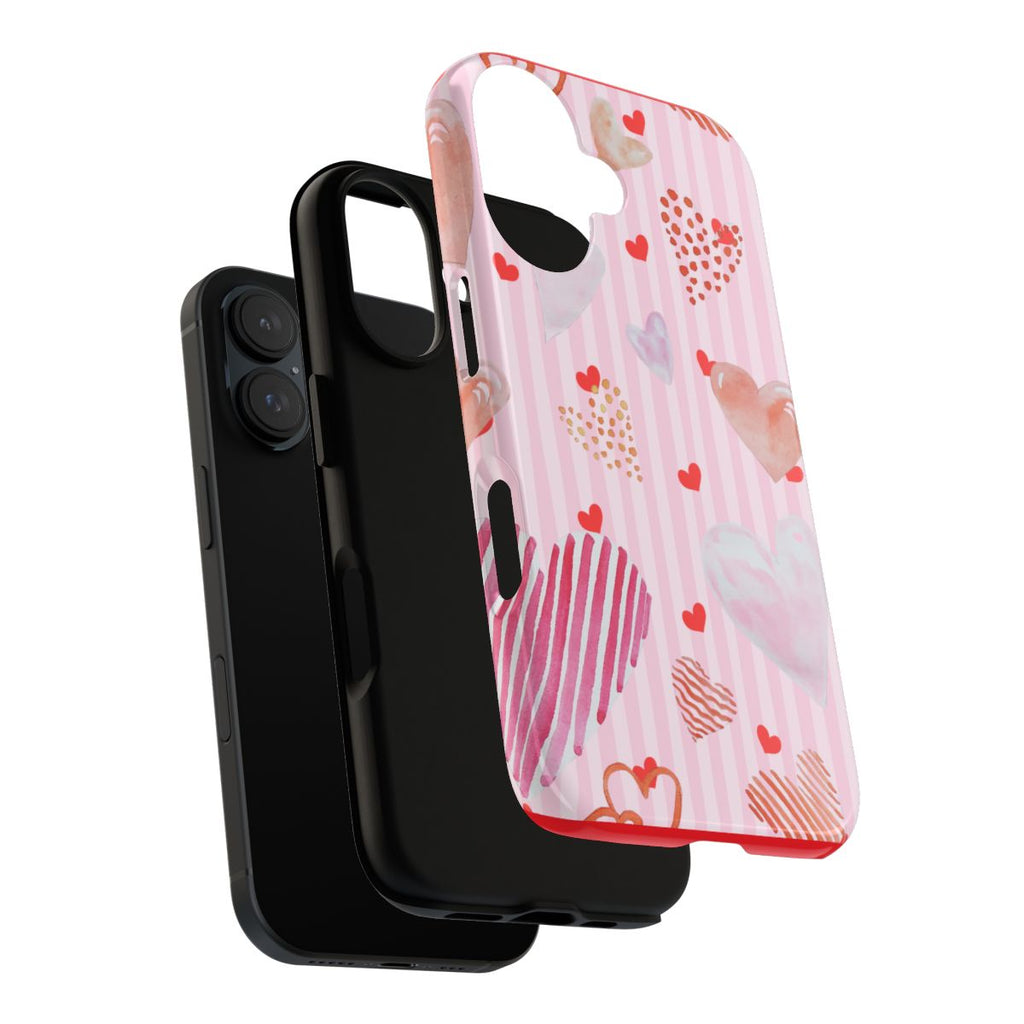 Valentine Hearts Tough Phone Case – Pink Striped Protective Phone Cover